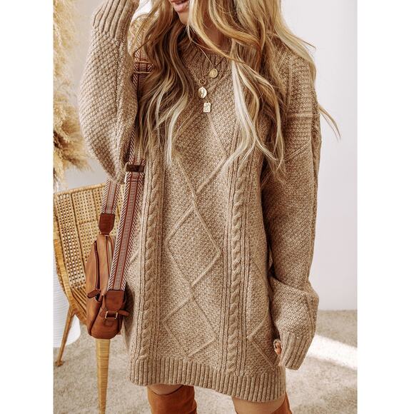 Cozy Solid Cable Knit Oversized Sweater Dress- Drop Shoulder Loose Fit Sweater - Picture 1 of 8